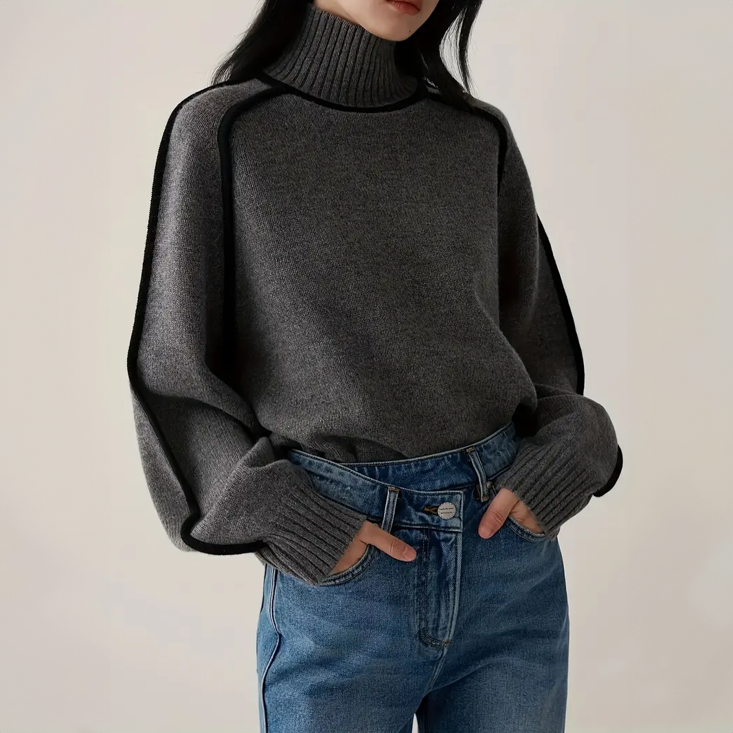 Ramede | Women’s Contrast Trim High-Neck Knit Sweater