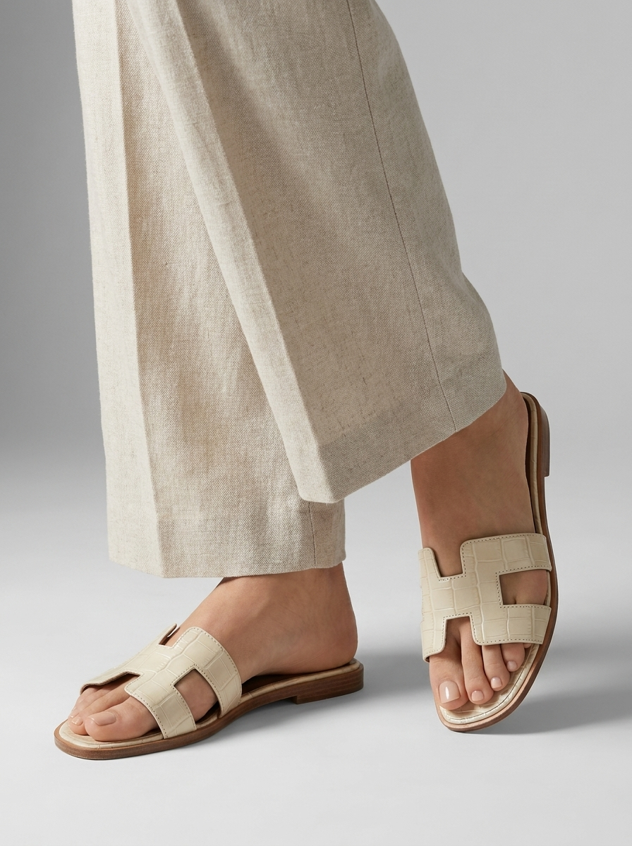 Luxury Leather H-Cut Sandals – Elegant Women's Flat Slide Sandals