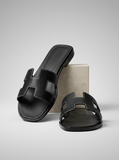 Luxury Leather H-Cut Sandals – Elegant Women's Flat Slide Sandals