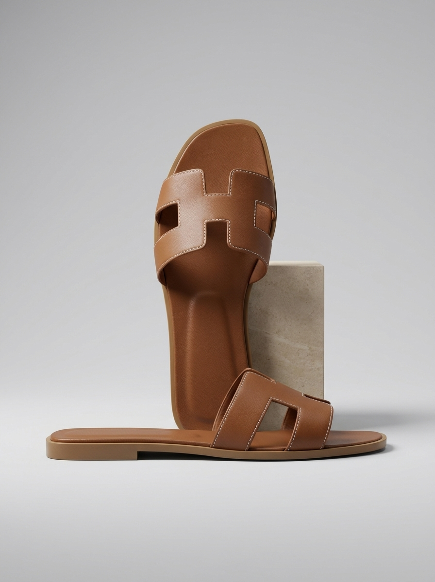 Luxury Leather H-Cut Sandals – Elegant Women's Flat Slide Sandals