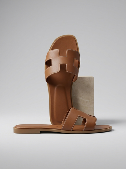 Luxury Leather H-Cut Sandals – Elegant Women's Flat Slide Sandals