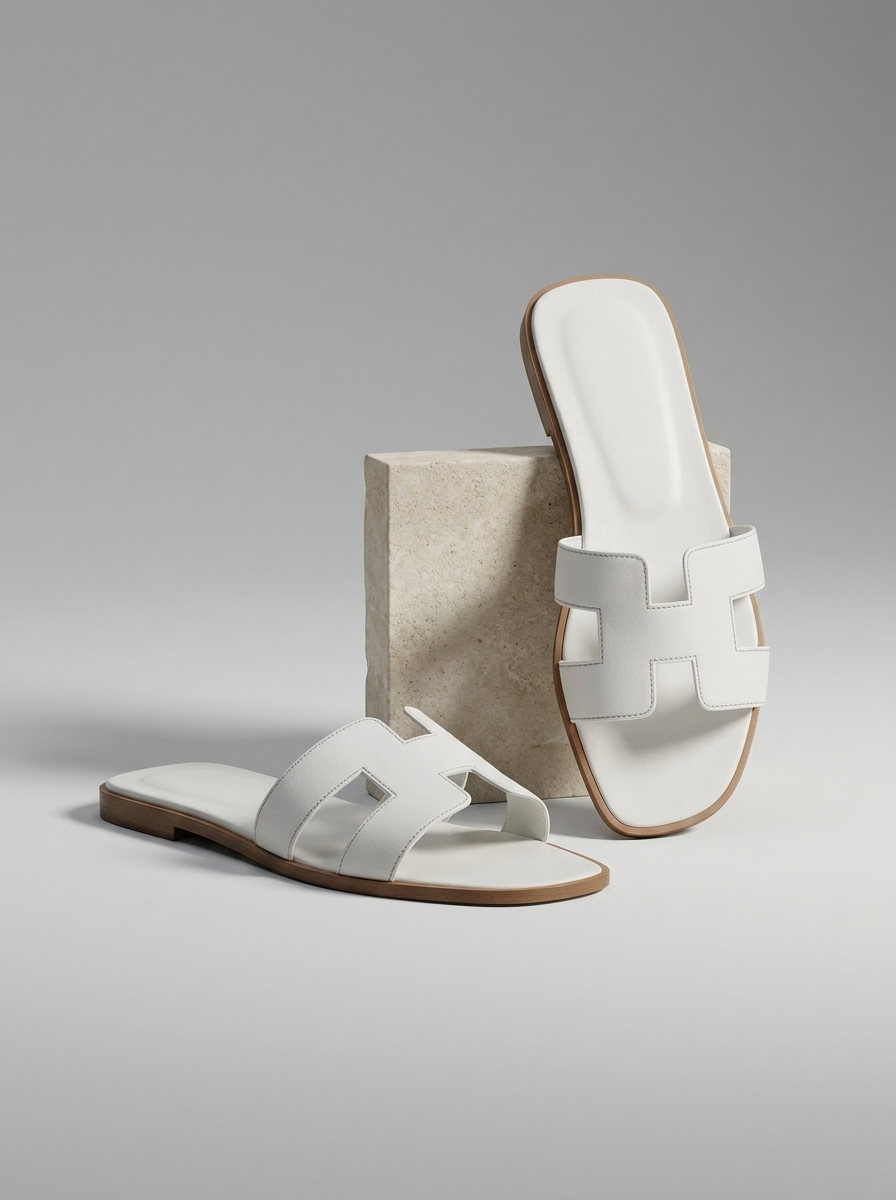 Luxury Leather H-Cut Sandals – Elegant Women's Flat Slide Sandals