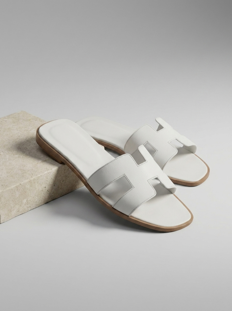 Luxury Leather H-Cut Sandals – Elegant Women's Flat Slide Sandals