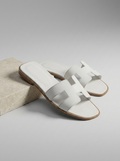 Luxury Leather H-Cut Sandals – Elegant Women's Flat Slide Sandals