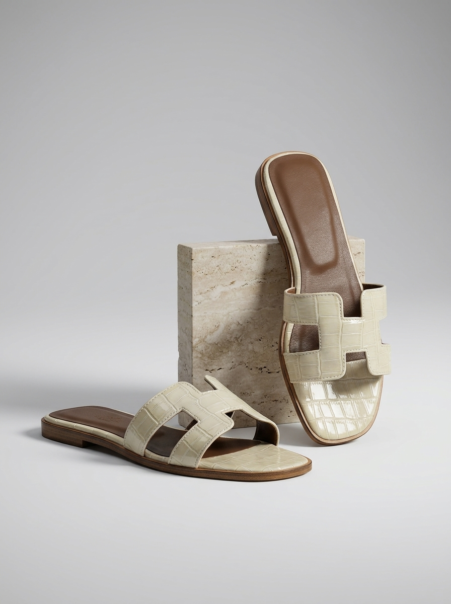 Luxury Leather H-Cut Sandals – Elegant Women's Flat Slide Sandals