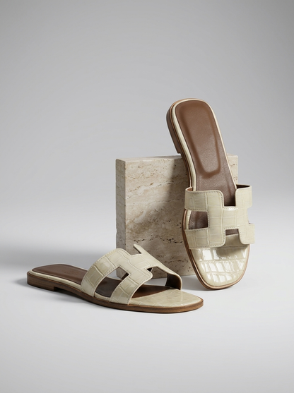 Luxury Leather H-Cut Sandals – Elegant Women's Flat Slide Sandals