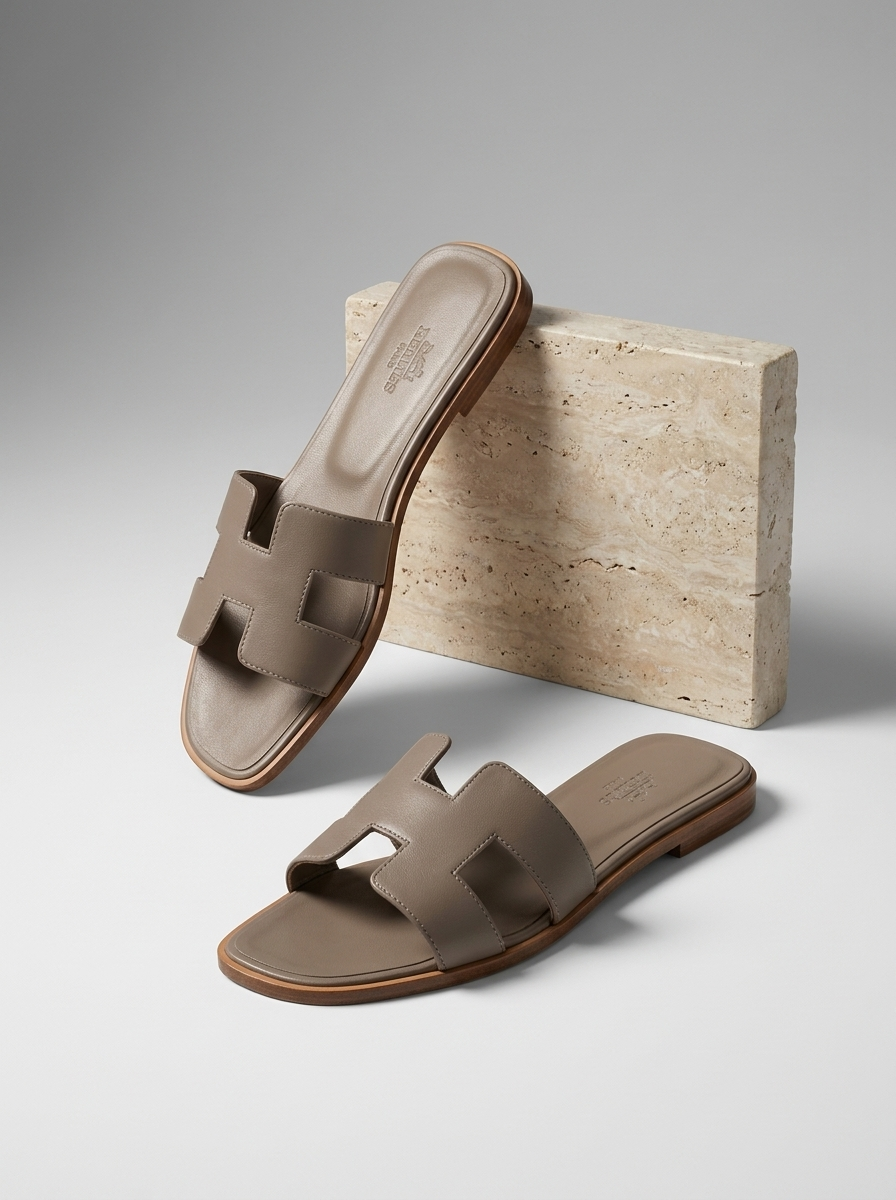 Luxury Leather H-Cut Sandals – Elegant Women's Flat Slide Sandals