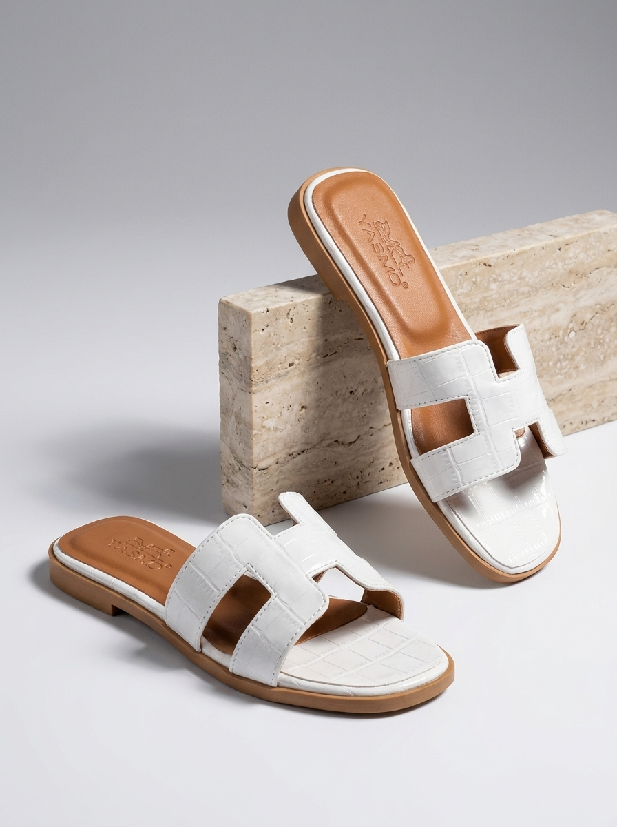Luxury Leather H-Cut Sandals – Elegant Women's Flat Slide Sandals