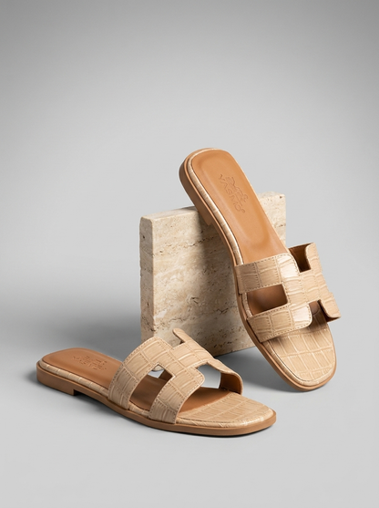 Luxury Leather H-Cut Sandals – Elegant Women's Flat Slide Sandals