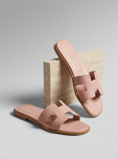 Luxury Leather H-Cut Sandals – Elegant Women's Flat Slide Sandals