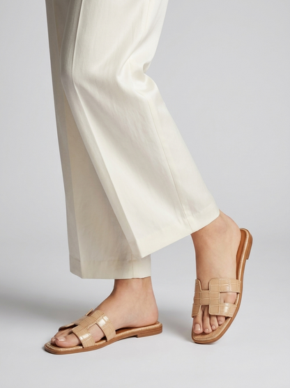 Luxury Leather H-Cut Sandals – Elegant Women's Flat Slide Sandals