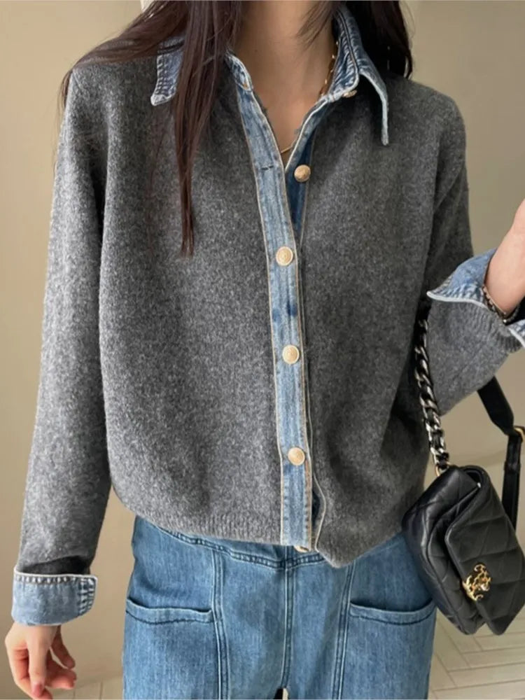 Denvara | Women’s Denim Trim Knit Cardigan