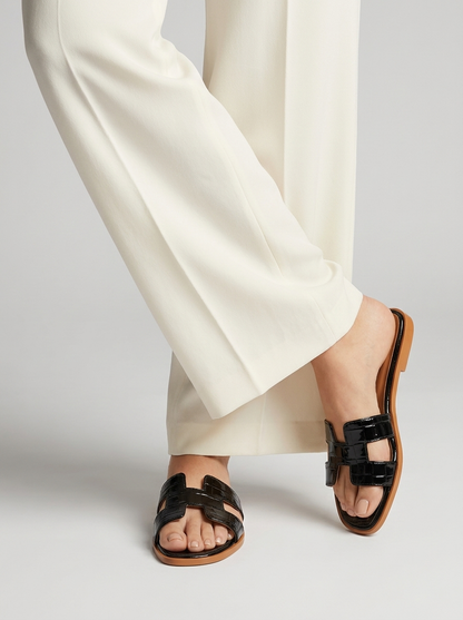 Luxury Leather H-Cut Sandals – Elegant Women's Flat Slide Sandals