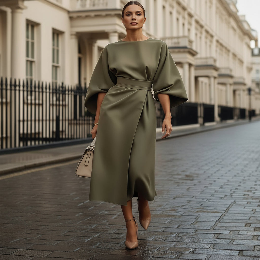 Women’s Dress | Elegant Midi Design with Waist Belt-Midi Dresses-Zeravi-Olive Green-S-Zeravi