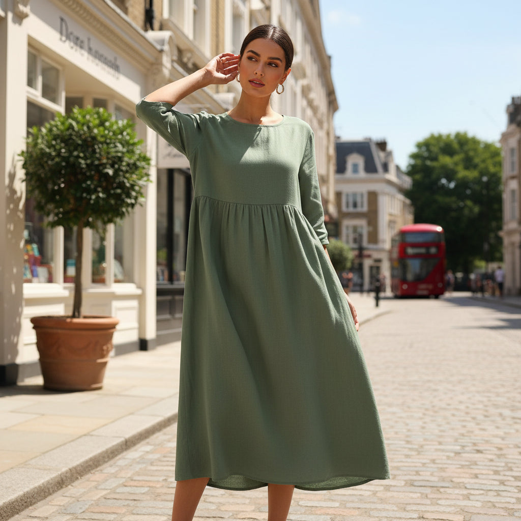 Women’s Dress | Pleated Design, Loose Fit-Midi Dresses-Zeravi-Dark Green-S-Zeravi