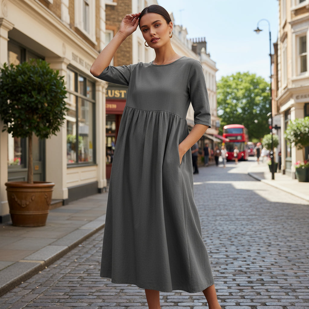 Women’s Dress | Pleated Design, Loose Fit-Midi Dresses-Zeravi-Gray-S-Zeravi