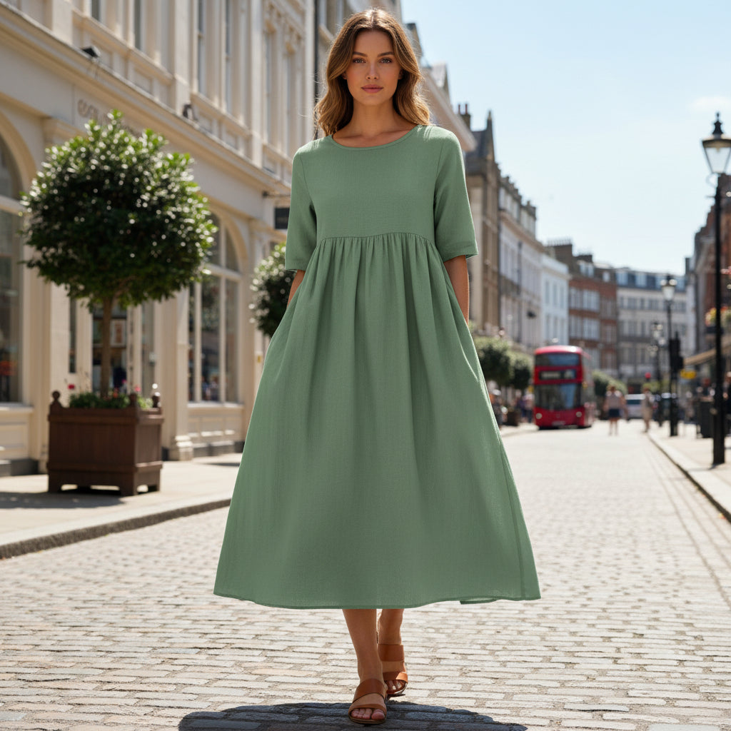 Women’s Dress | Pleated Design, Loose Fit-Midi Dresses-Zeravi-Light Green-S-Zeravi